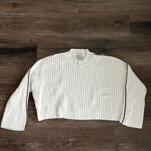 White Ribbed Sweater with Black Trim